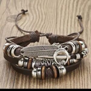 Men's Leather Bracelets Set 3pc Layered Feather Stacked Brown NEW f14‎